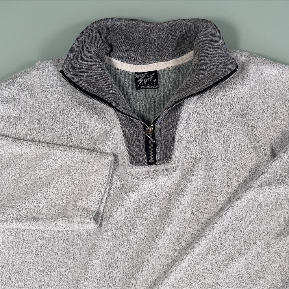 SURF Style 2 Tone Gray Terry Cloth Mens Quarter Zip Crewneck Sweatshirt - Large
